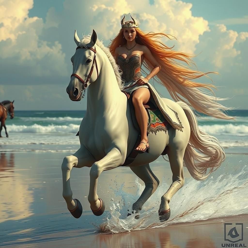 Lady Godiva with her body painted on a white horse galloping along a