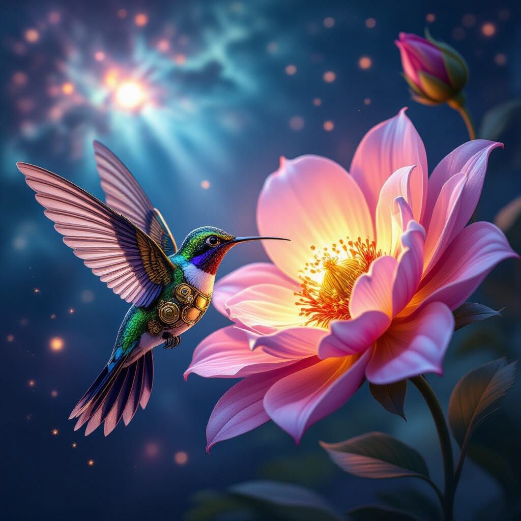 Highly detailed illustration. A steampunk hummingbird with intricate clockwork wings hovers near a giant, glowing cosmic flower in a nebula....