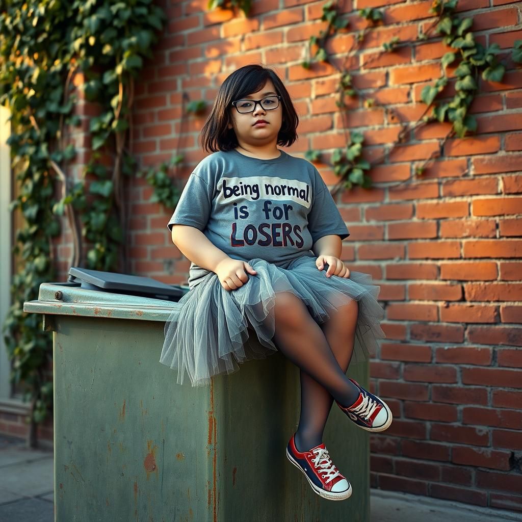 Blackhaired boy wearing grey tulle skirt, pantyhose and t-shirt sits in a niche of a green dumpster