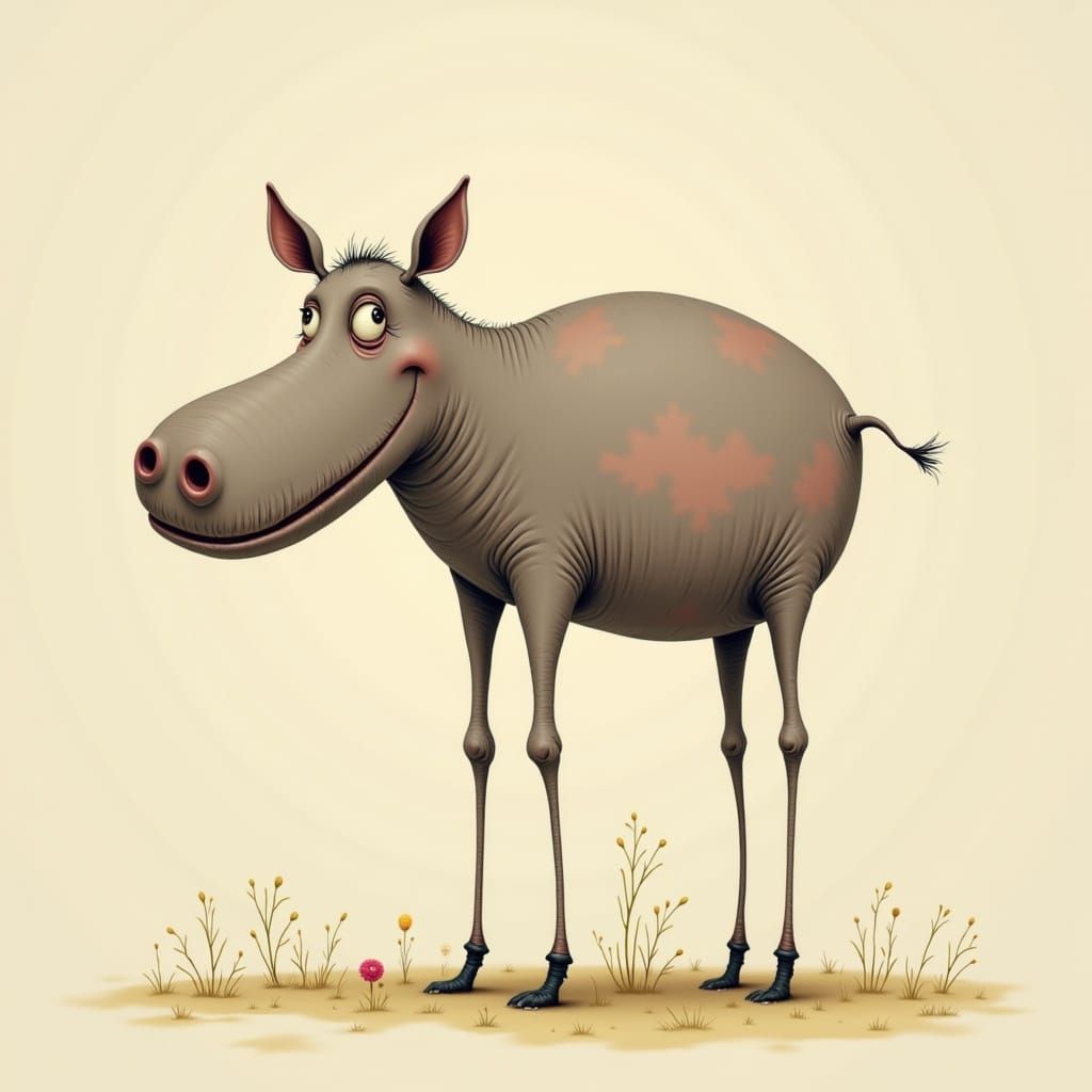 <lora:NICOLETTA  AND MARK:1.0>  illustration whimsical hippopotamus elongated legs, quirky expressive face