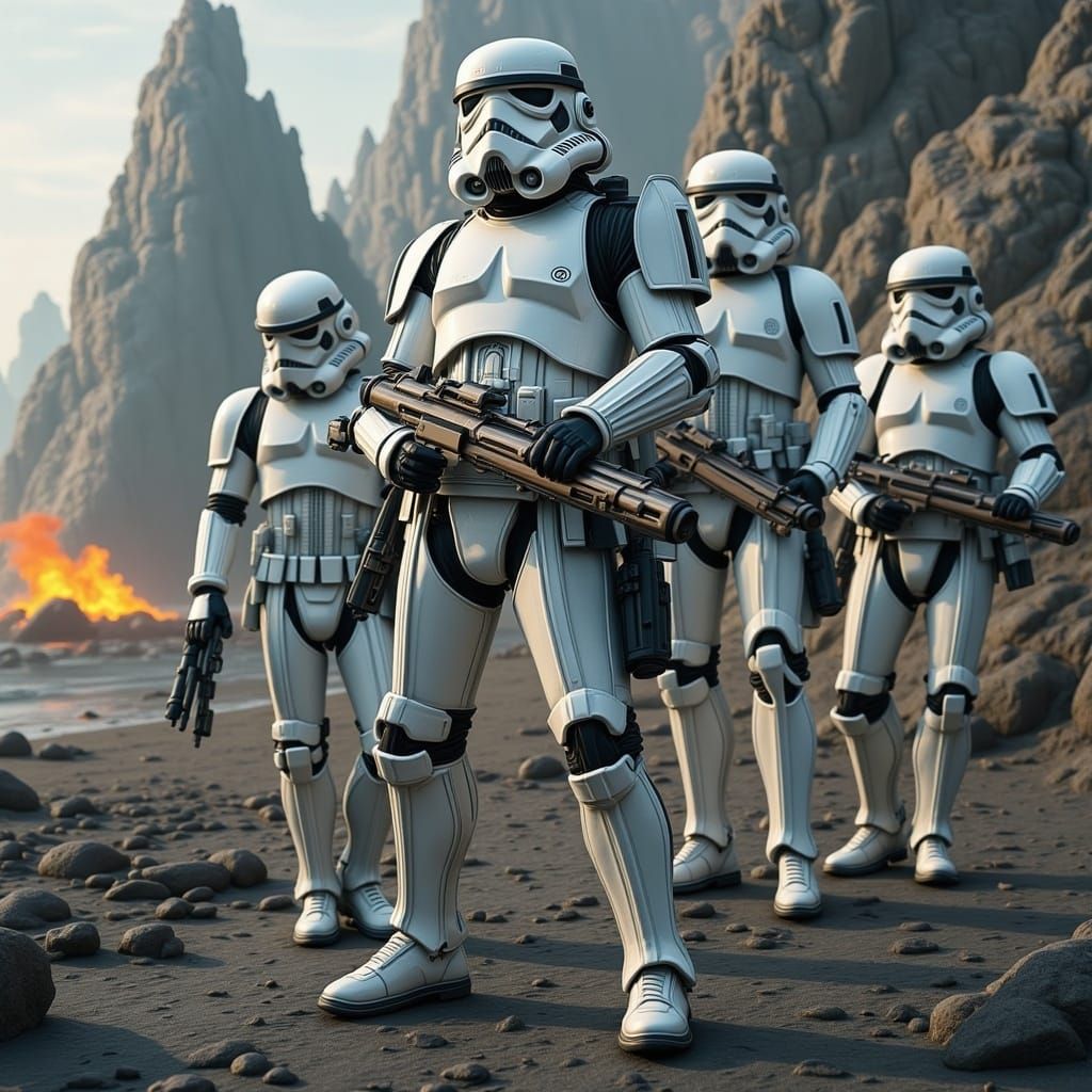 <lora:ChildhoodCrayon Flux:1.0> Intimidating stormtroopers at a sci-fi checkpoint