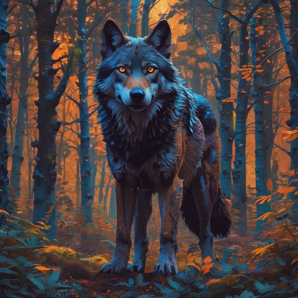 Wolf in Abstract Forest, Pop Art Style