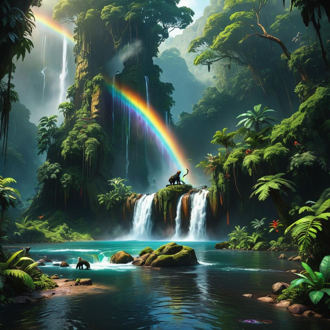 Rainforest with rainbow waterfall creating a river while monkeys ...