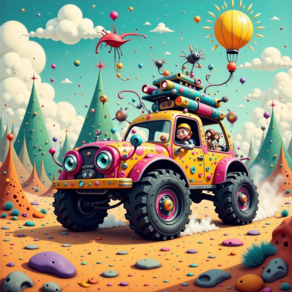 Splash art. Close up. A quirky, cartoon-style car with oversized wheels and wild colors speeds through a whimsical landscape. The car is ado...
