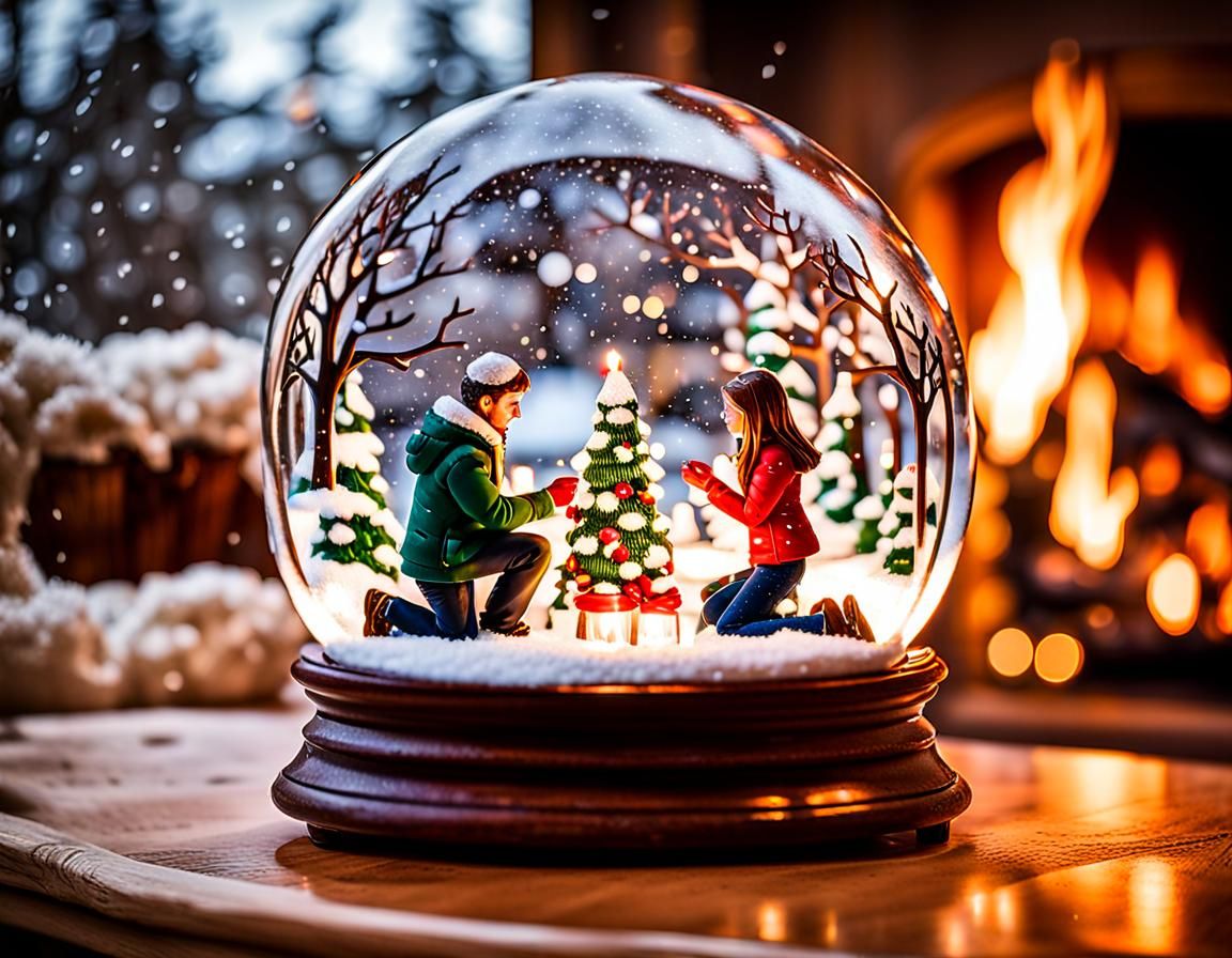 the moment of a man proposing to his fiancée within a snow g...