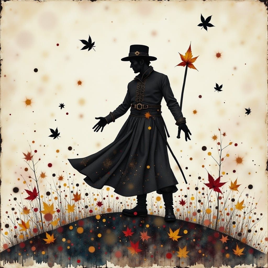 Silhouette of a person, modern European ink painting and watercolor, steampunk background, ink stains, the magician, on a battlefield, vinta...