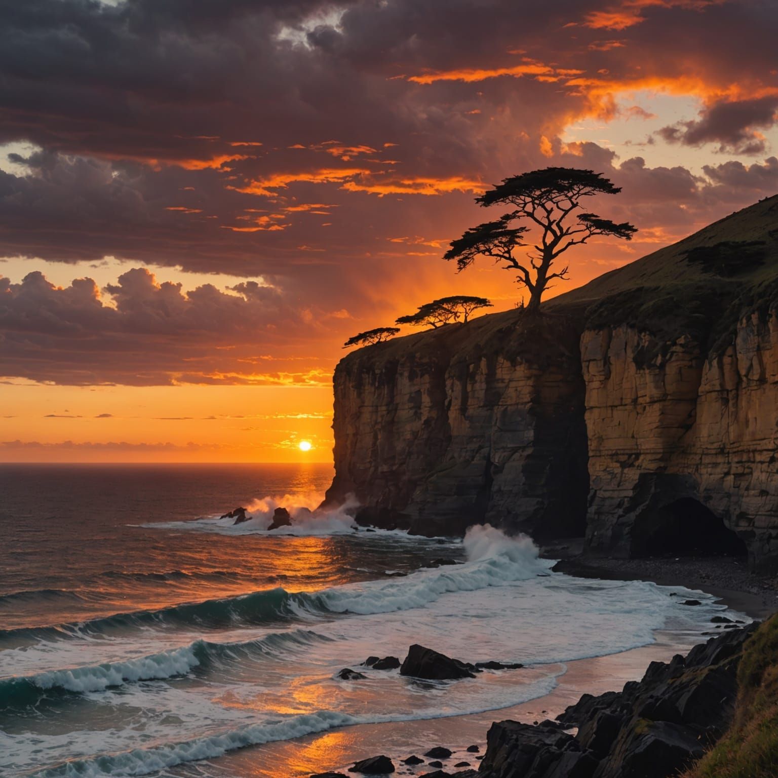 
The picture shows a massive cliff overlooking an endless sea. The sun sets at the horizon, flooding the water with waves of gold and fire. ...