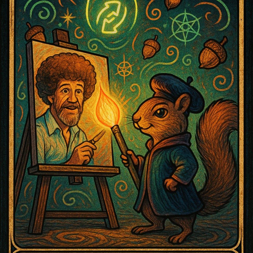 The Squirrel Sage

🖌️ The squirrel paints Bob into being, holding a brush of living fire. A symbol of role reversal and intuitive wisdom, this card celebrates the rise of the student.