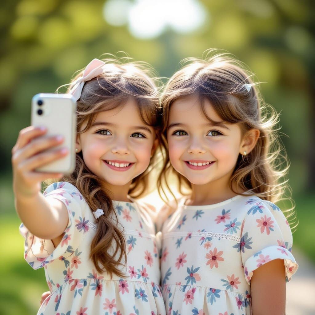 Joyful Twin Girls Taking a Selfie on iPhone