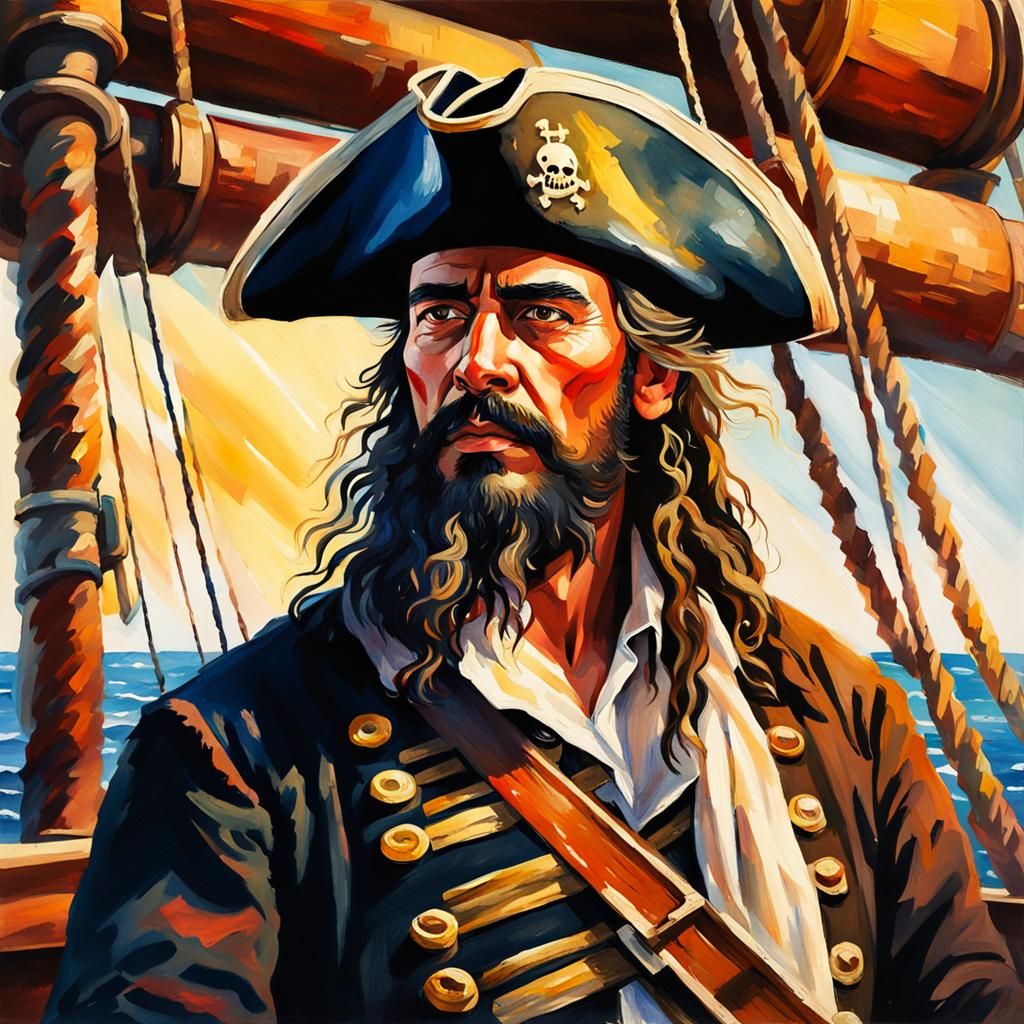 Pirate portrait, Latino Captain, on deck of pirate ship, sunlight, calm ...