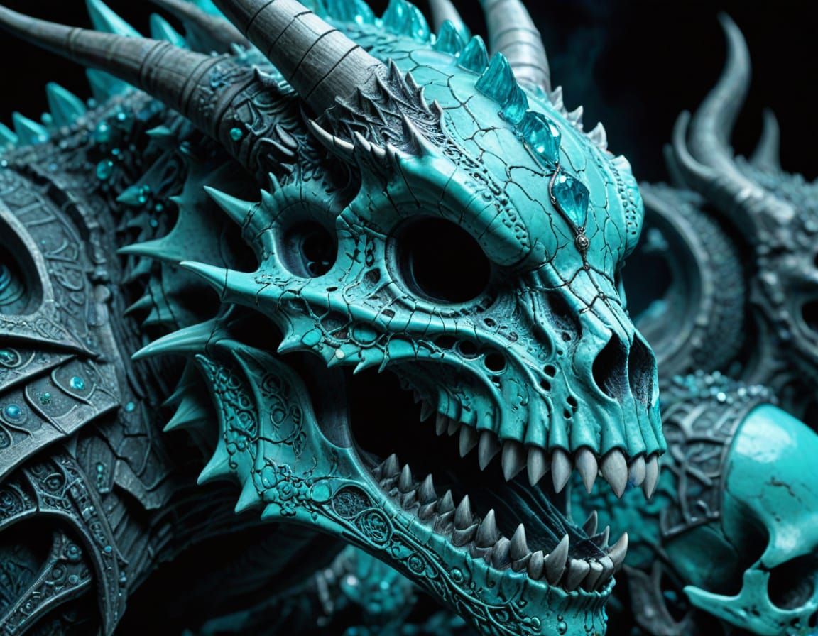 Macroscopic view of a Turquiose skull of a dragon, with ornate occult engravings, with dendritic crystals branching out.

Meticulously detai...