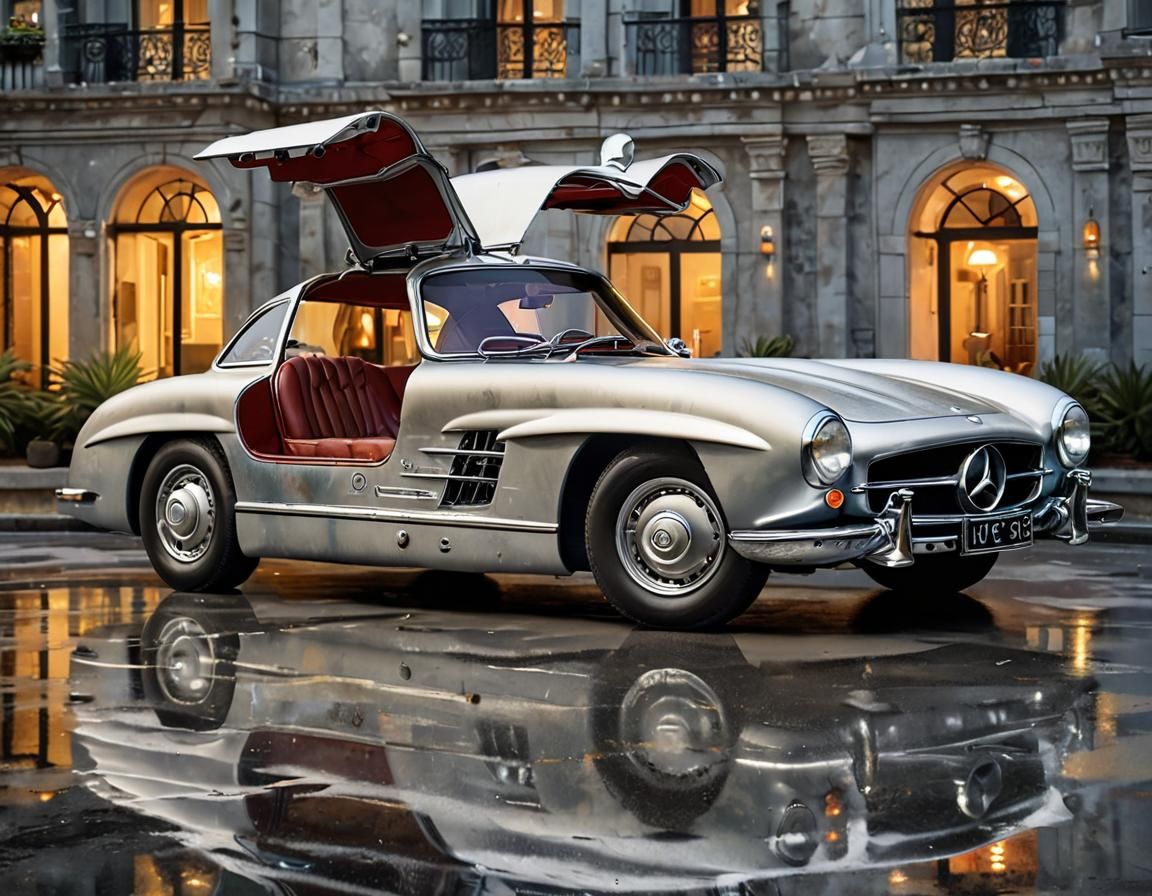 A supercar from the past: a silver Mercedes-Benz 300 SL from the 1950s   by @Adab Sur Dum