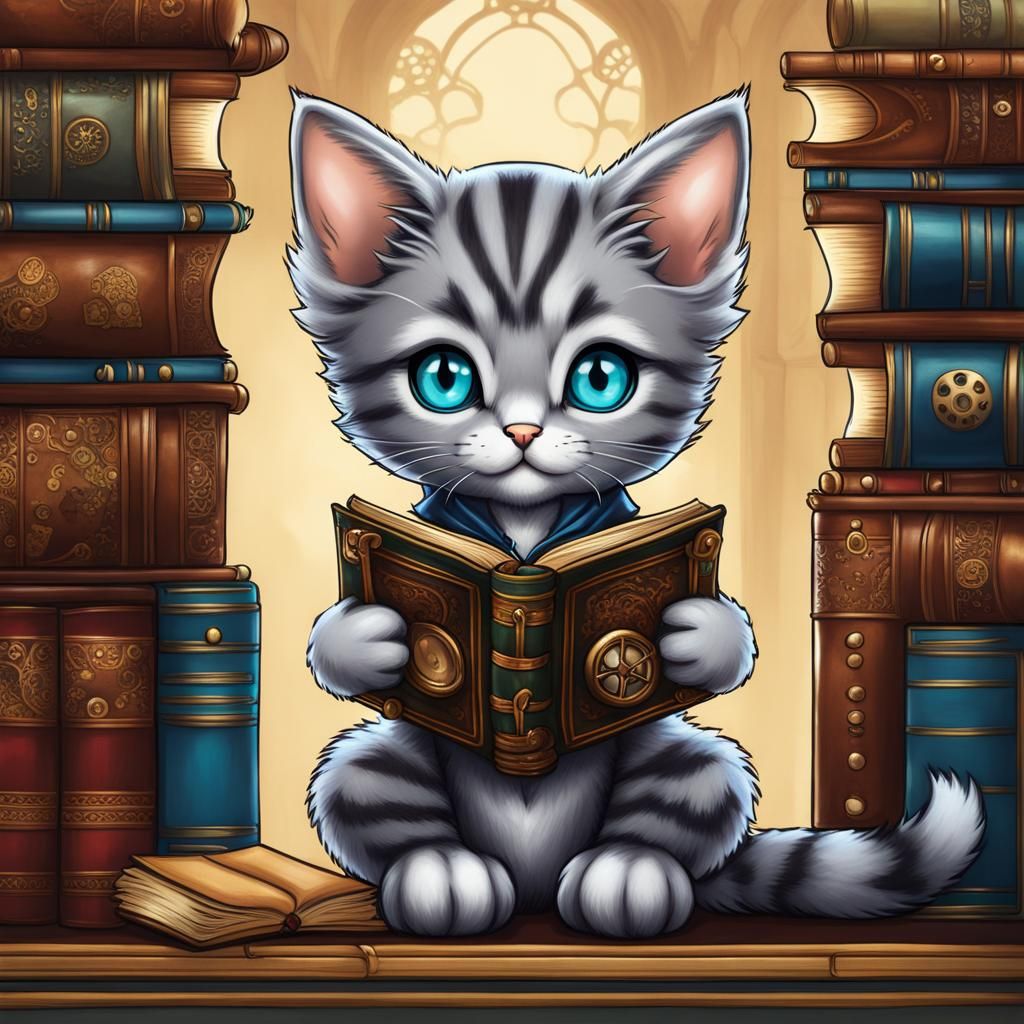 Chibi steampunk grey tabby kitten reading book