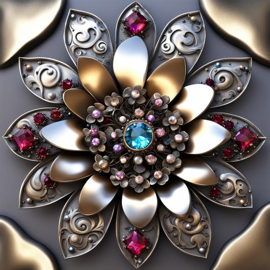 Metal flower, metallic, gemstone studded, fantasy art
