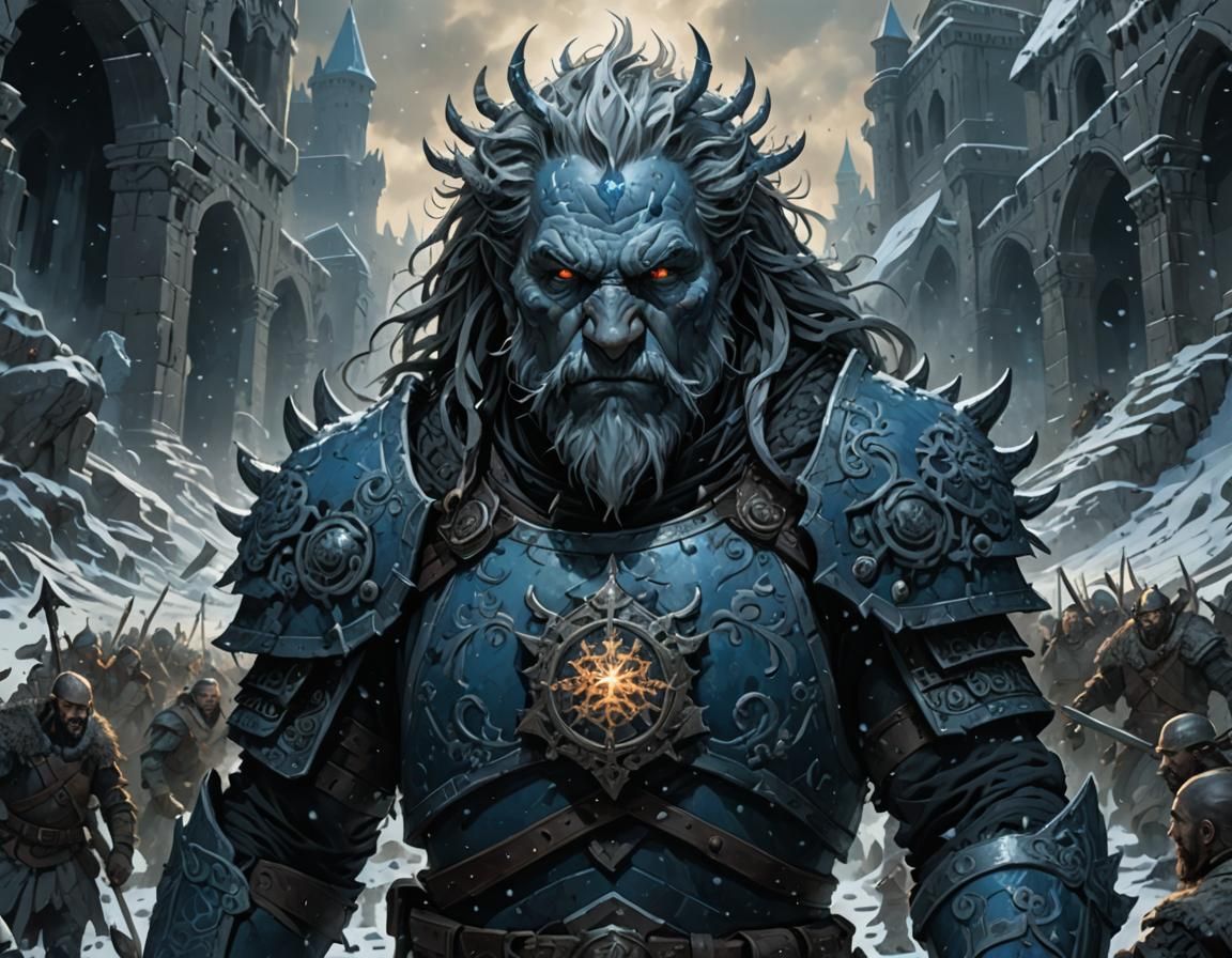 Dark winter fantasy concept art. Wide angle portrait. A general leads an army to fight another army full of winter monsters in a crumbled ki...