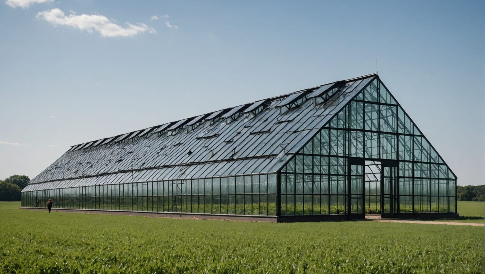 A huge dark greenhouse in the middle of a light green field.