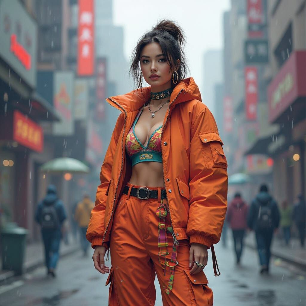 Woman in Chaotic Cityscape: Futuristic Abstract Art