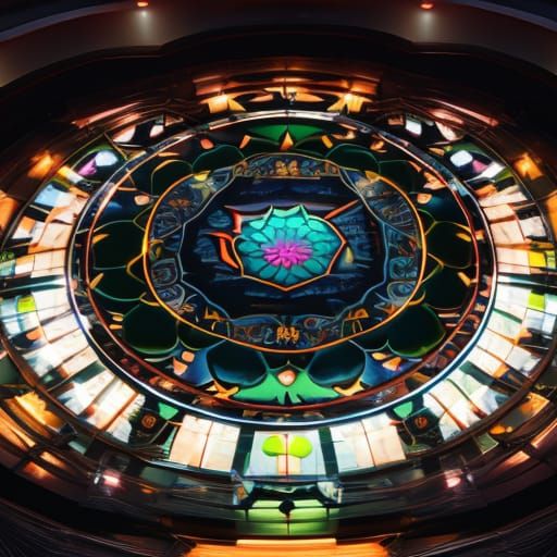 Closeup treehouse waterlily with big glowing pop up contemporary art