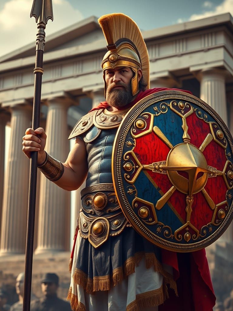 Cyberpunk Warrior Stands Proud in Front of Ancient Greek Tem...