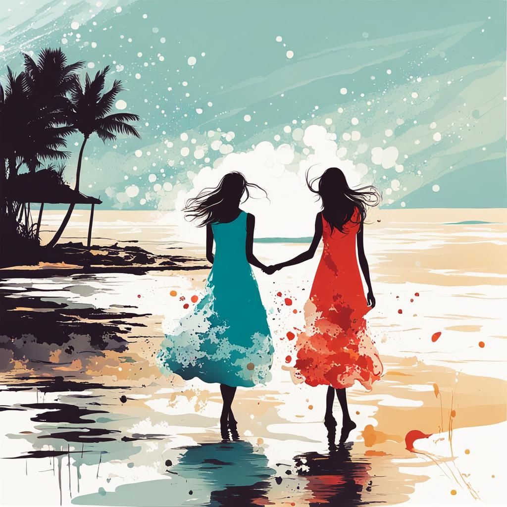 calm morning, girls on the beach in airy dresses, vector splash   by @GRAZYNA-BARBARA
