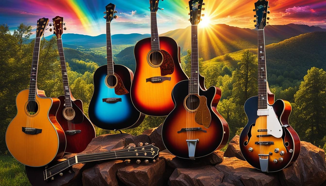 sharp view of acoustic guitars and  banjos, in the background hills, trees, colorful, psychedelic sunrays, deep color, p...