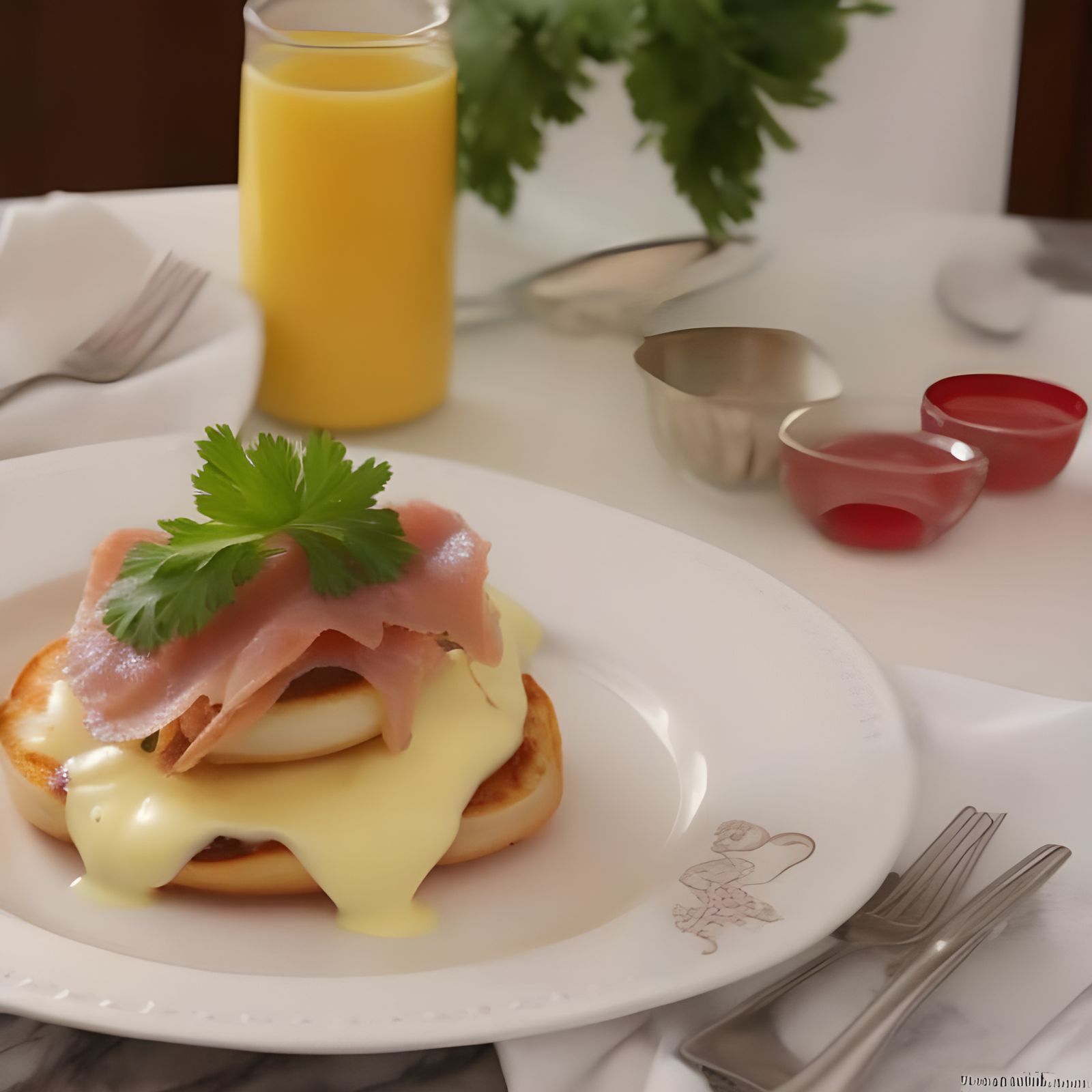 Eggs Benedict with Prosciutto Cotto and Flat-Leaf Parsley