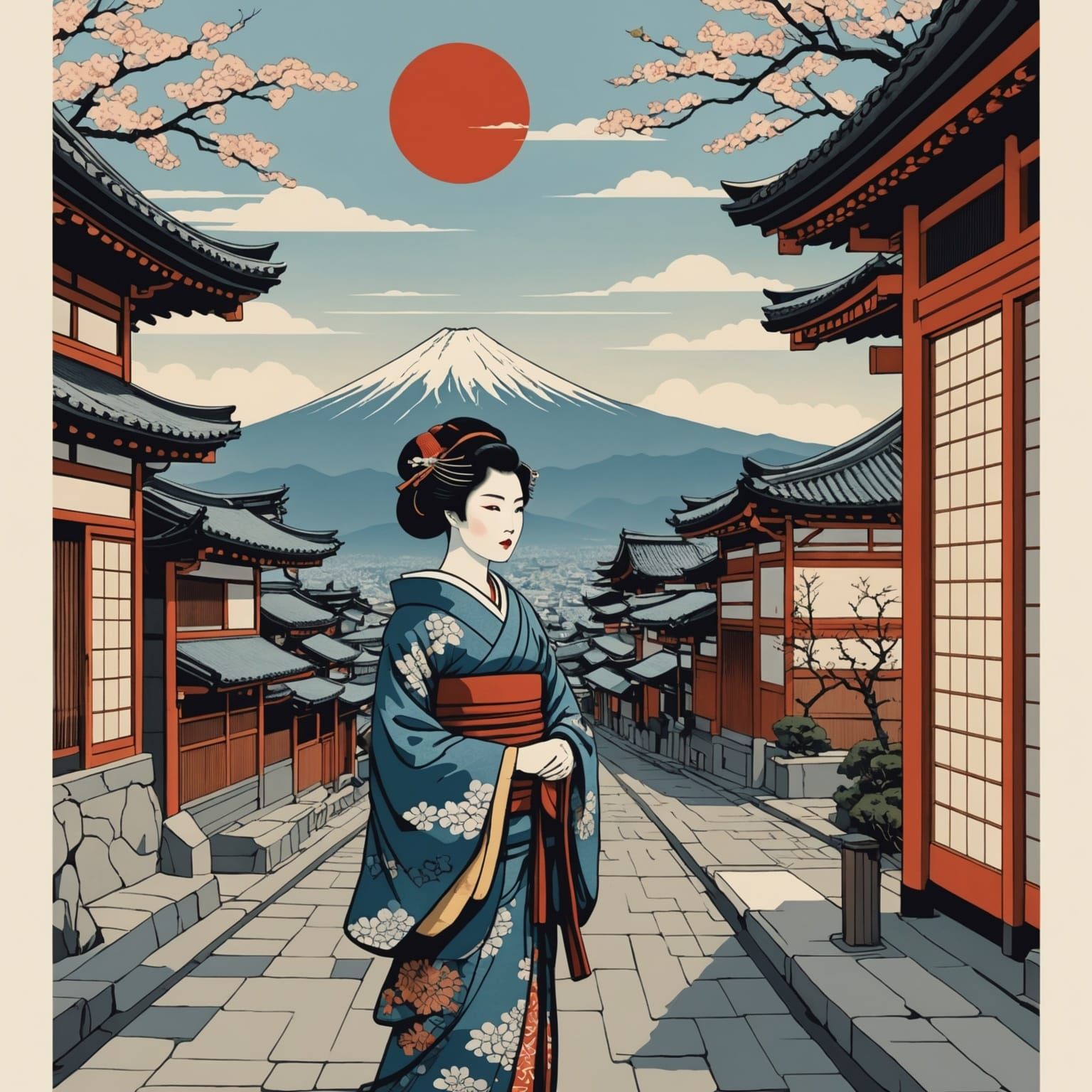 Geisha Portrait in Ukiyo-e Japanese Woodblock Style