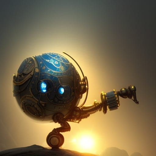 Steampunk robot carrying a glowing orb
