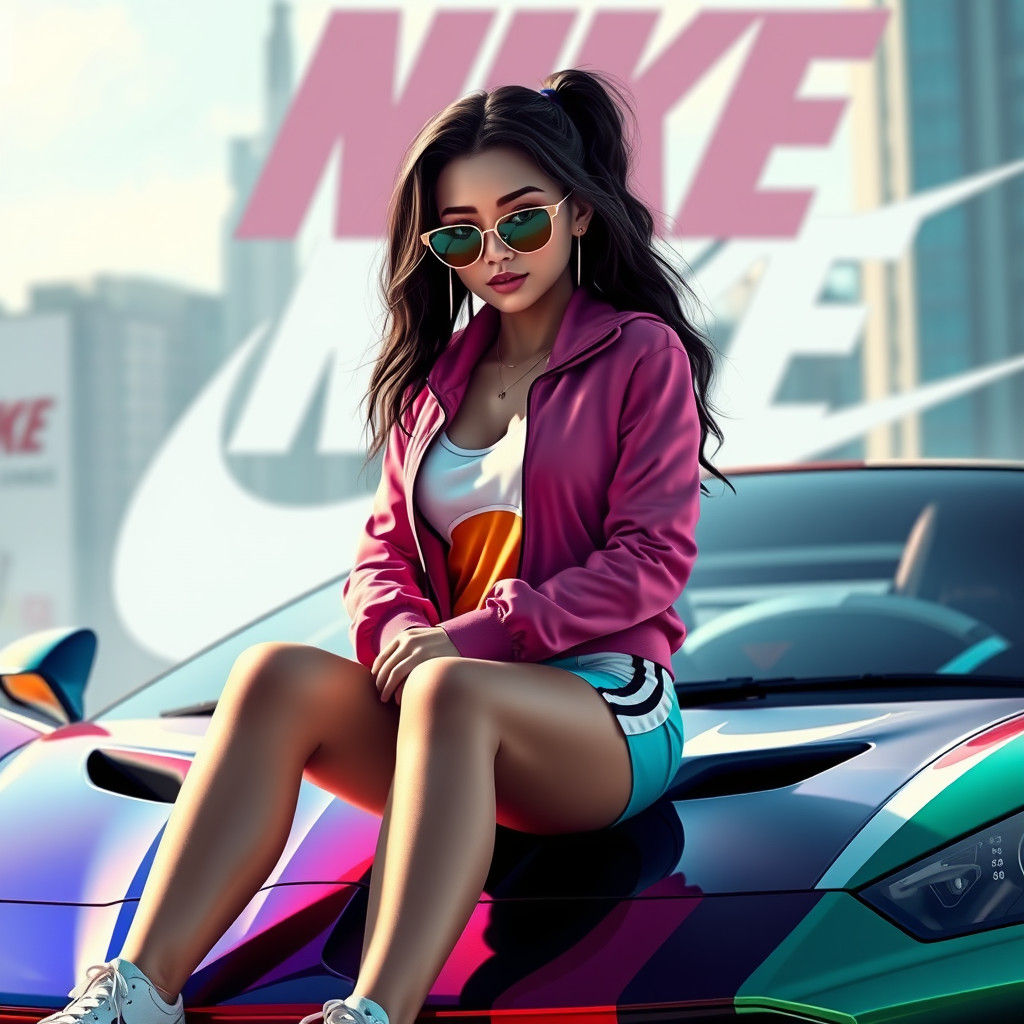 Confident Woman on Sports Car in Fantasy Art Style
