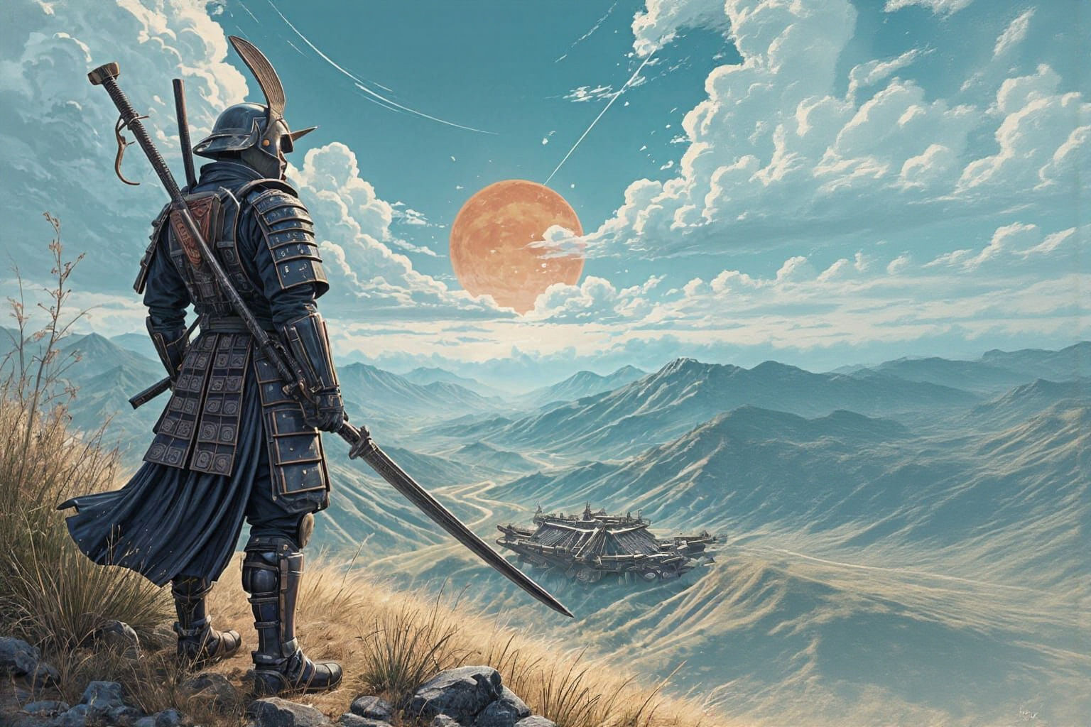 A space samurai belonging to the era of the Japanese Interstellar Empire, in full gear, in the style of Philippe Druillet, standing on a hil...