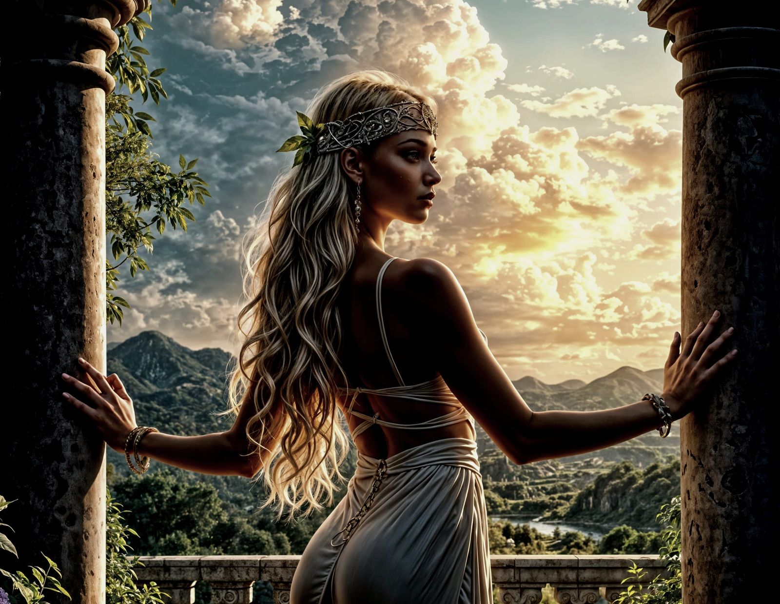 The image of a beautiful woman, huge eyes, plump lips, thin, blonde, long thick hair, openwork headband, ...  by @teria