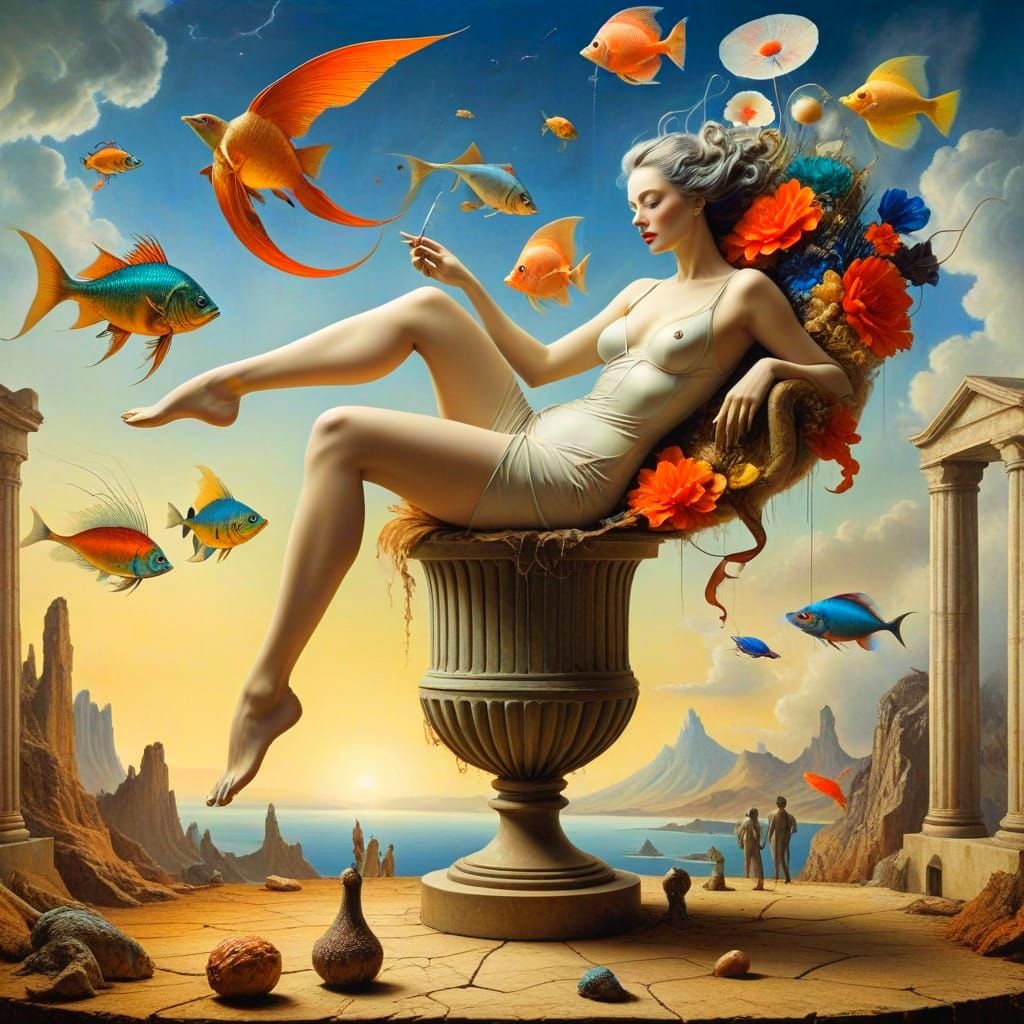 Surrealistic Lady in a Vibrant, Bizarre Scene