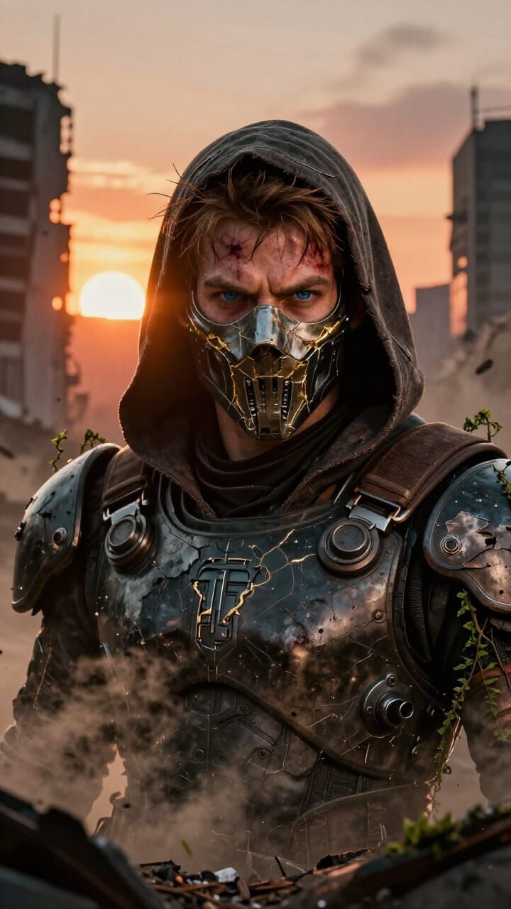 Dystopian Survivor Portrait with Golden Cracked Mask