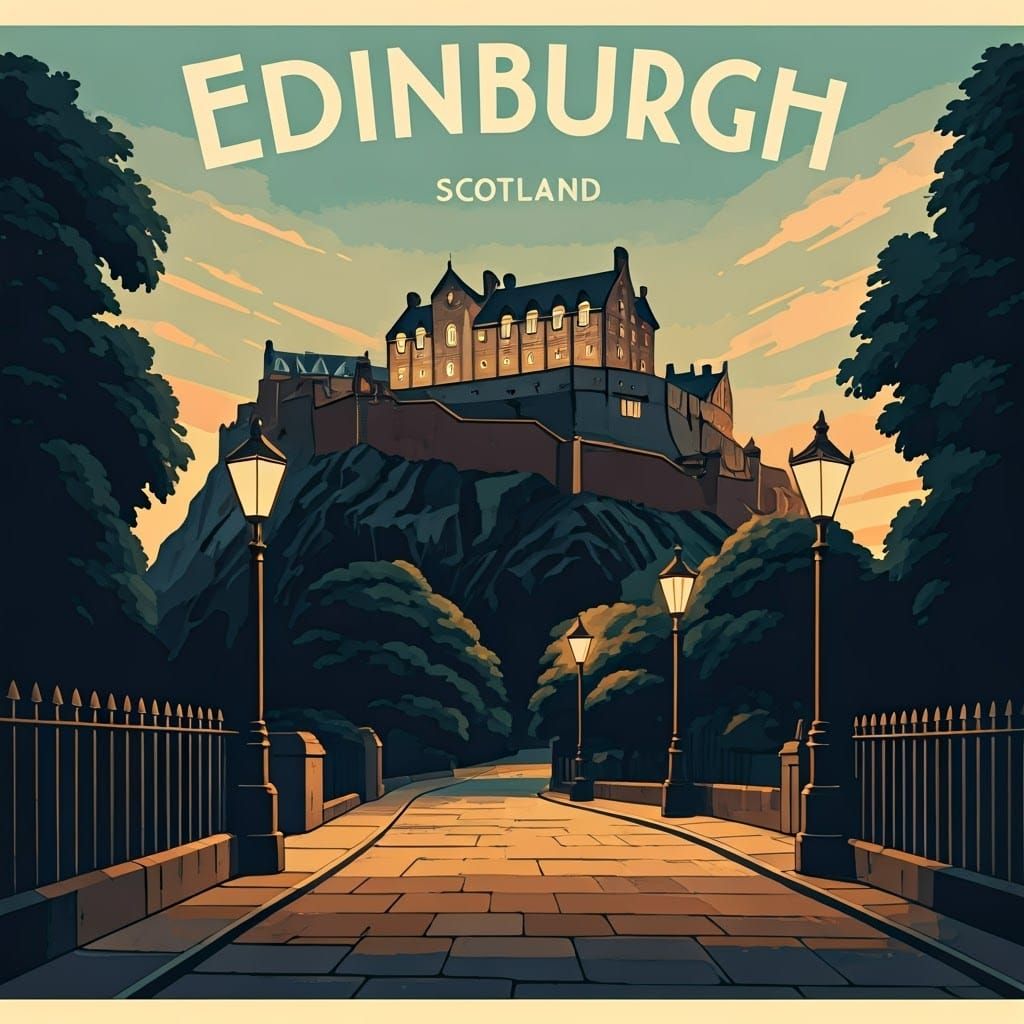 a vintage travel poster featuring Edinburgh Castle, Scotland.  by @kylapink