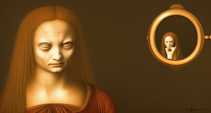 really ugly alien woman looking in a vintage hand mirror hyp...