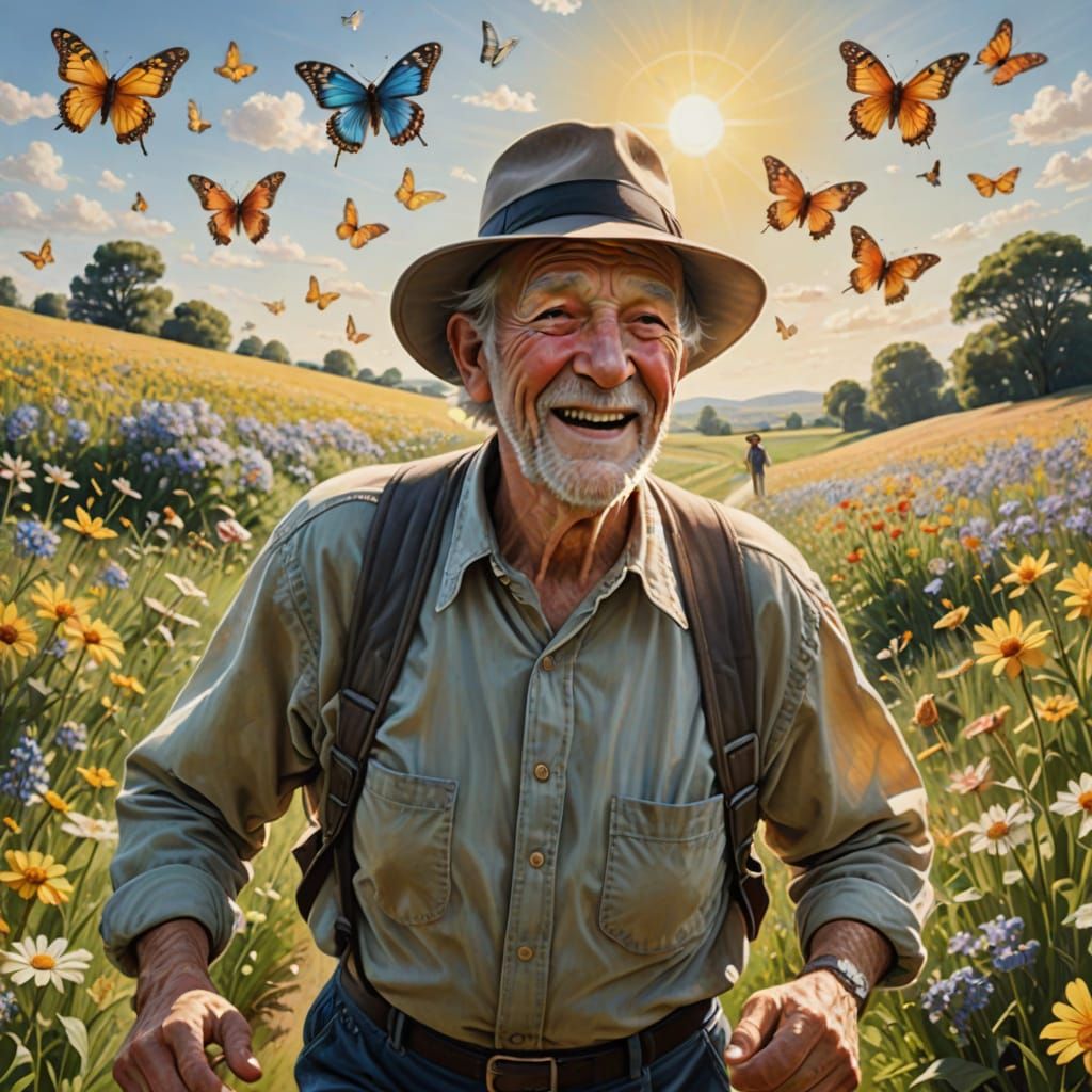 Joyful Elderly Man Chasing Butterflies in Sunny Field
