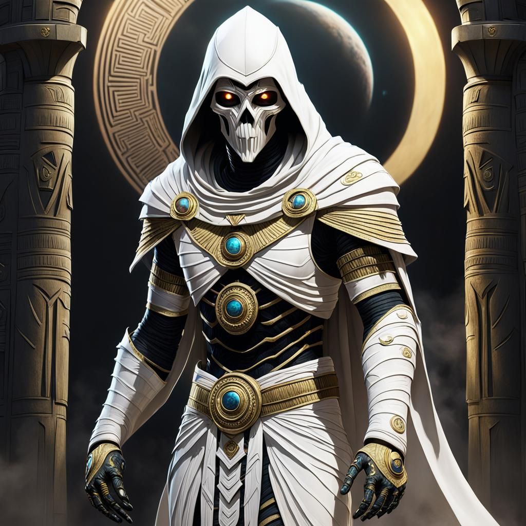 Mummy Knight, White and white hooded cloak symbiont suit, Cresent moon ...