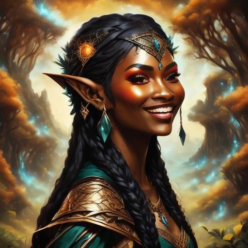 close portrait of a beautiful black elf holding a wizard mage staff and casting a spell, sparkles <lora:Black Skin:1.0> <lora:Fantasy Elves:...