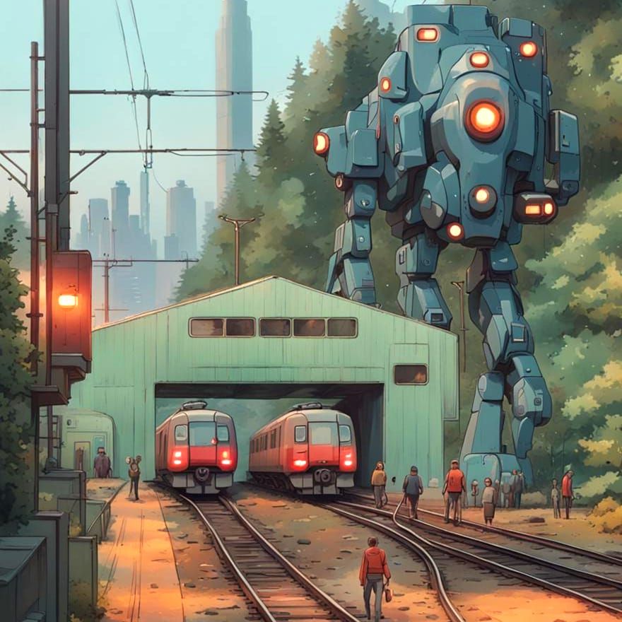 Train shed with parked urban trains in front of a huge walking Mech