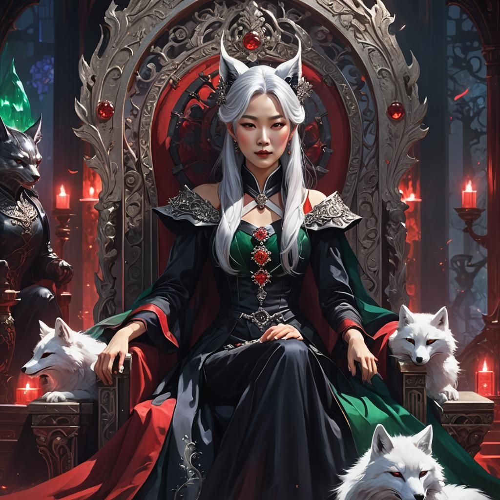 korean lady silver hair black dress red crystals white fox ears vampire