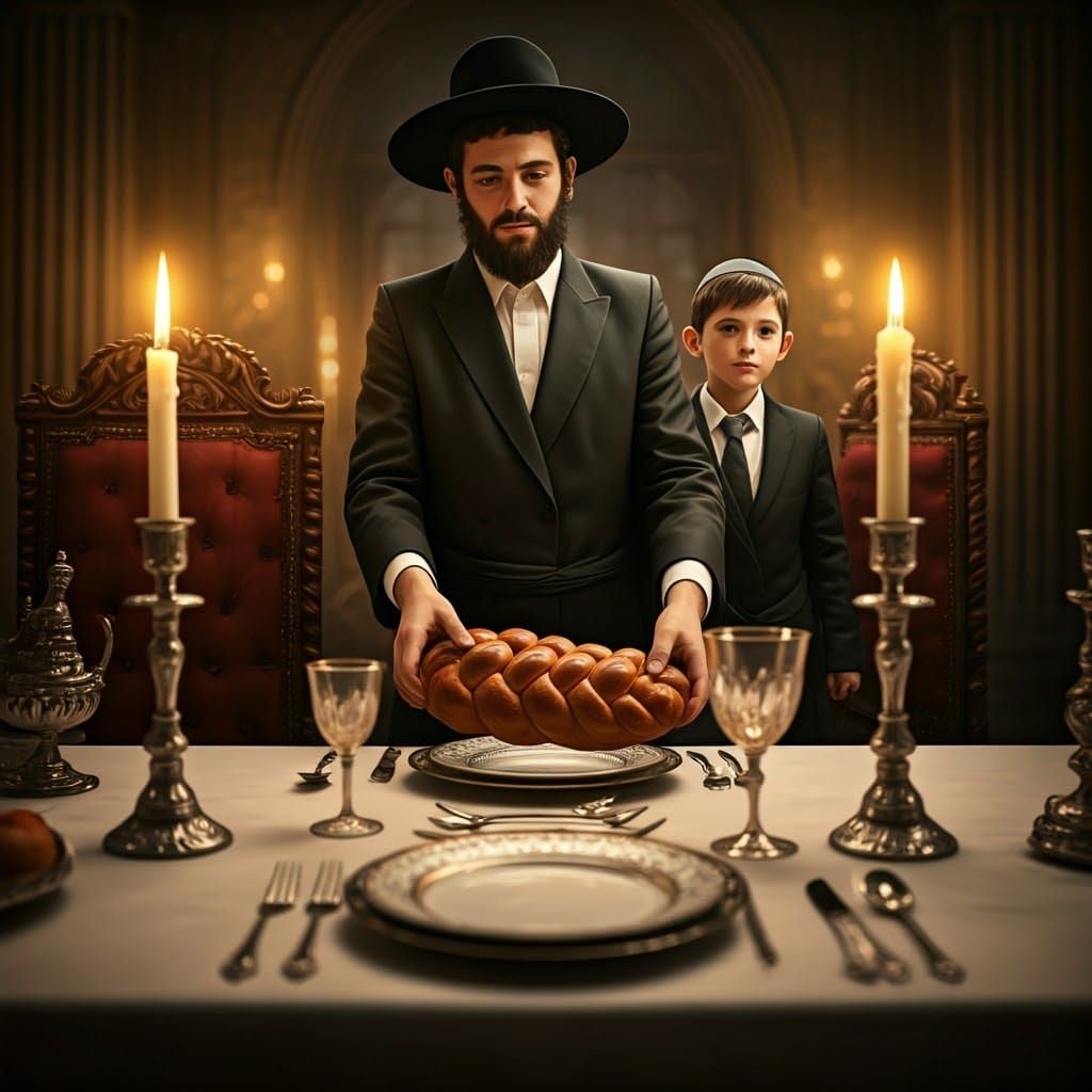 Shabbat Preparation: Father and Son in Matte Painting Style