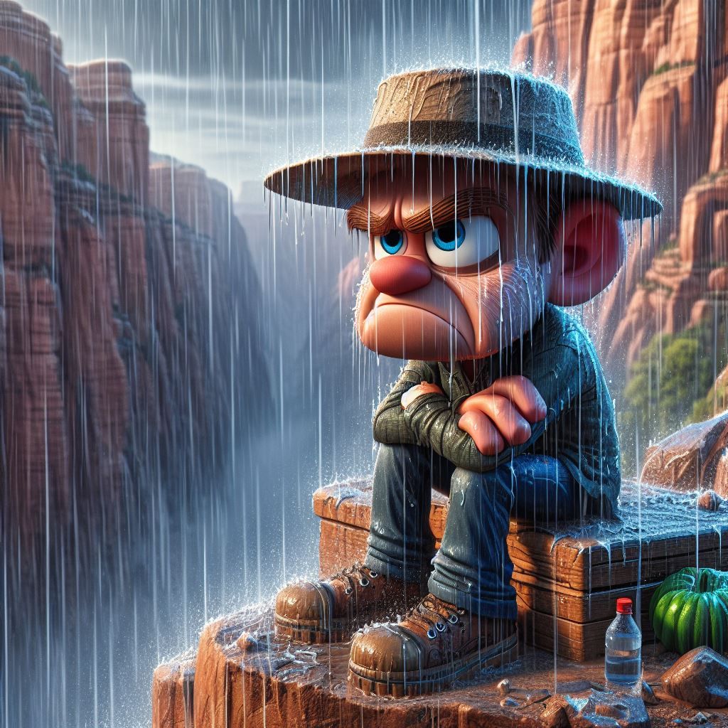 Grumpy guy, stop the rain, will you?