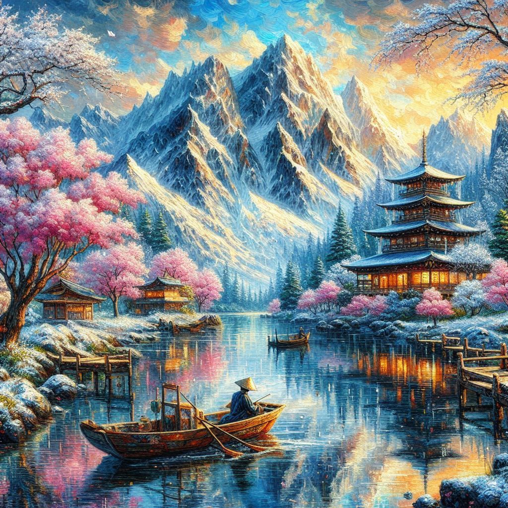 The Classic Lake-Sakura-Temple-Fisherman Theme