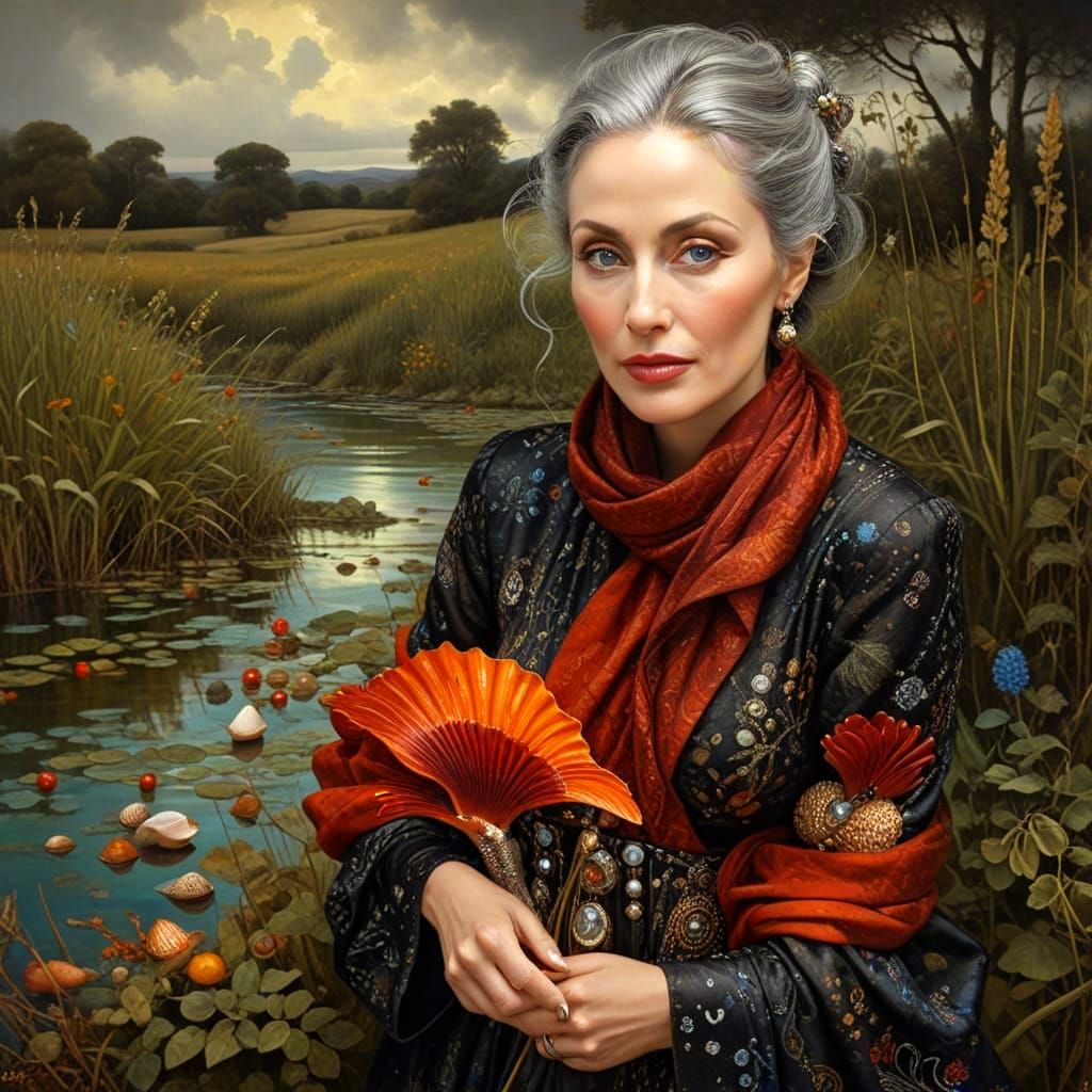 Surrealistic Portrait of a Happy Lady in Exotic Haute Coutur...