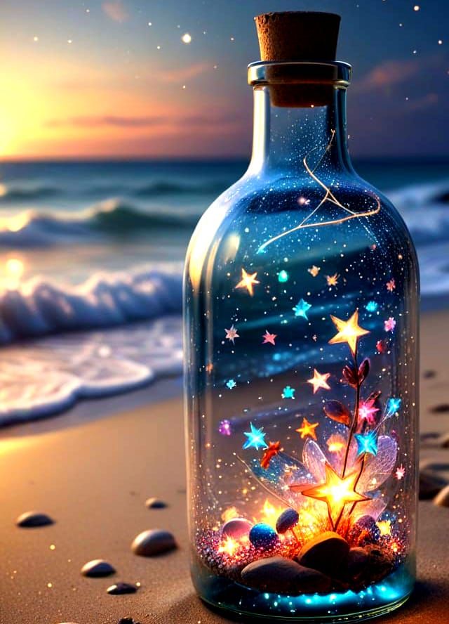 Mystical Glass Bottle Under Starry Beach Halos