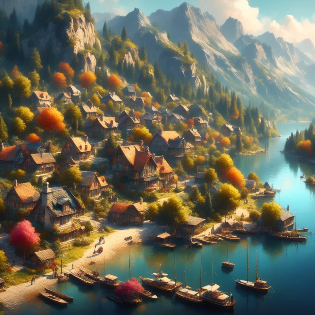 <lora:RomanticismOilXL:1.0> Lakeside village 