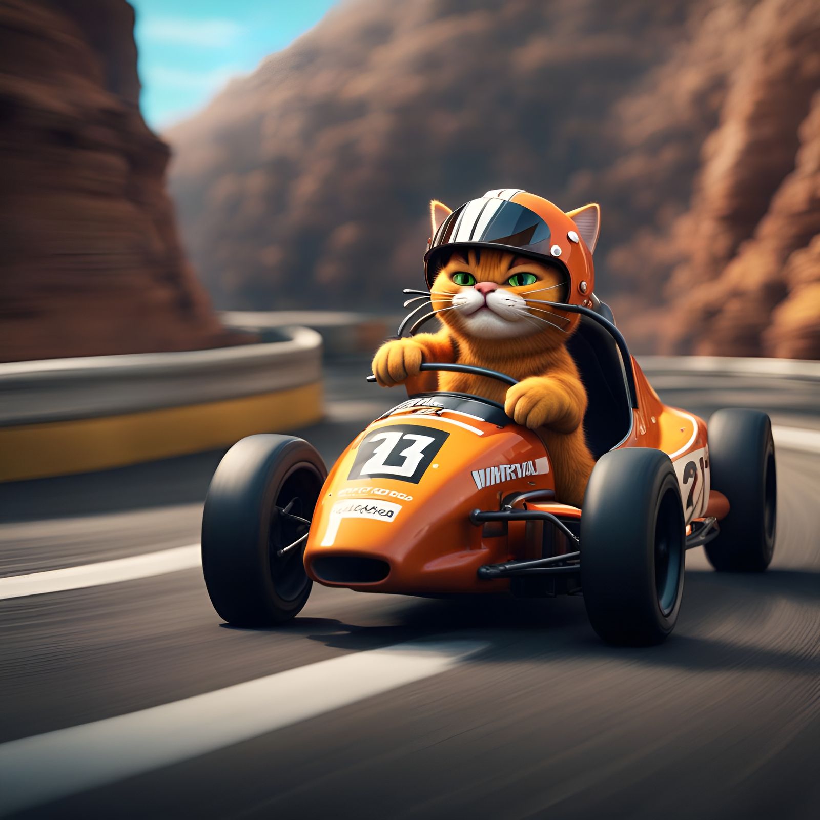 Cat fat  (Garfield) with a helmet drives a racing car (Marlb...