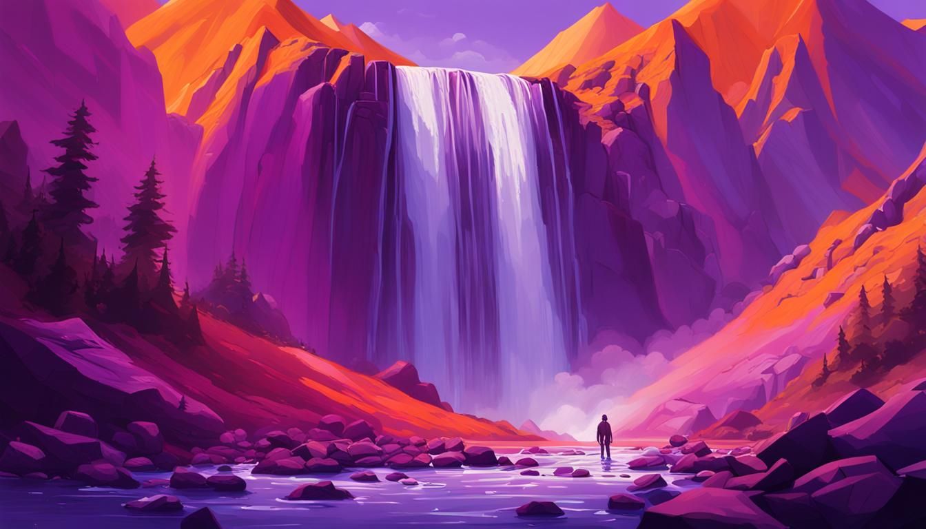 Purple Waterfall and Orange mountains