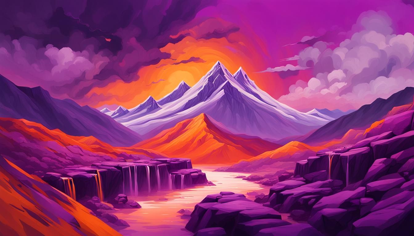 Purple Waterfall and Orange mountains