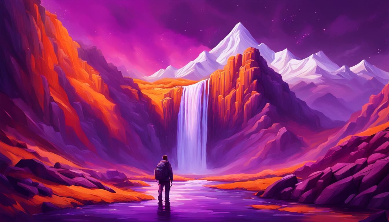 Purple Waterfall and Orange mountains